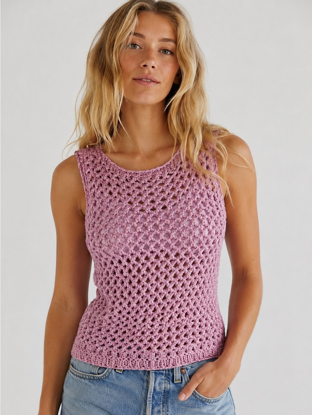 Zara Pink Metallic Open Knit Crochet Tank Size Small